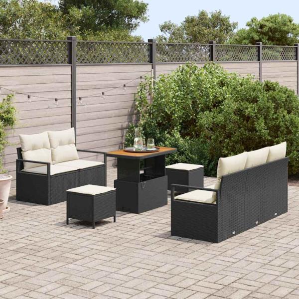 8-teiliges Garten Sofa Set mit Kissen Schwarz Poly-Rattan Akazie, 2-Sitzer Garten Sofa mit Stauraum & Kissen Schwarz Poly-Rattan, 3-teiliges Garten Esstisch Set mit Kissen Schwarz Poly-Rattan Akazie