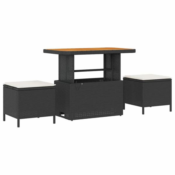 8-teiliges Garten Sofa Set mit Kissen Schwarz Poly-Rattan Akazie, 2-Sitzer Garten Sofa mit Stauraum & Kissen Schwarz Poly-Rattan, 3-teiliges Garten Esstisch Set mit Kissen Schwarz Poly-Rattan Akazie