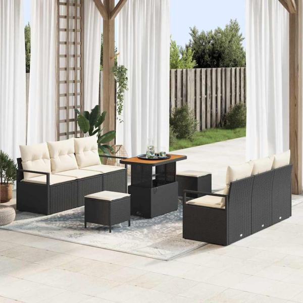 ARDEBO.de - 9-teiliges Garten Sofa Set mit Kissen Schwarz Poly Rattan Akazie, 2-Sitzer Garten Sofa mit Stauraum & Kissen Schwarz Poly Rattan, 3-teiliges Garten Essset mit Kissen Schwarz Poly Rattan Akazie