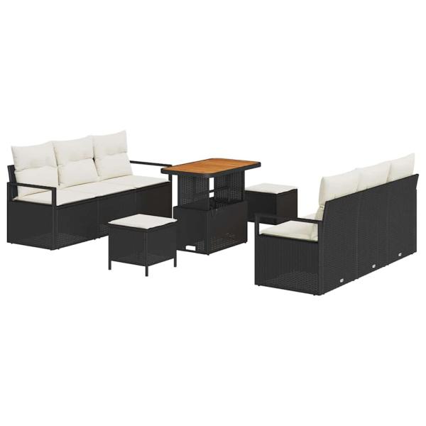 9-teiliges Garten Sofa Set mit Kissen Schwarz Poly Rattan Akazie, 2-Sitzer Garten Sofa mit Stauraum & Kissen Schwarz Poly Rattan, 3-teiliges Garten Essset mit Kissen Schwarz Poly Rattan Akazie