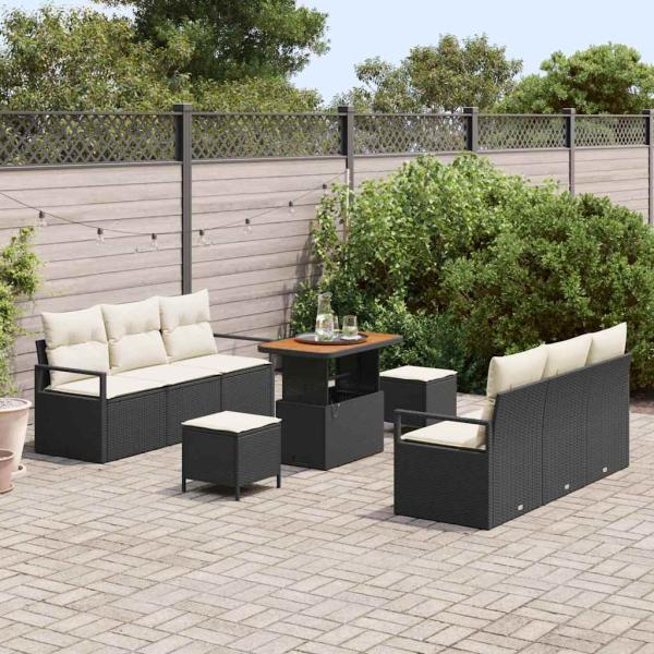 9-teiliges Garten Sofa Set mit Kissen Schwarz Poly Rattan Akazie, 2-Sitzer Garten Sofa mit Stauraum & Kissen Schwarz Poly Rattan, 3-teiliges Garten Essset mit Kissen Schwarz Poly Rattan Akazie