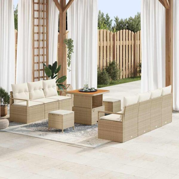 ARDEBO.de - 10-teiliges Garten-Sofa-Set mit Kissen Beige Poly-Rattan Akazie, 2-Sitzer Garten-Sofa mit Stauraum & Kissen Beige Poly-Rattan, 3-teiliges Garten-Dining-Set mit Kissen Beige Poly-Rattan Akazie