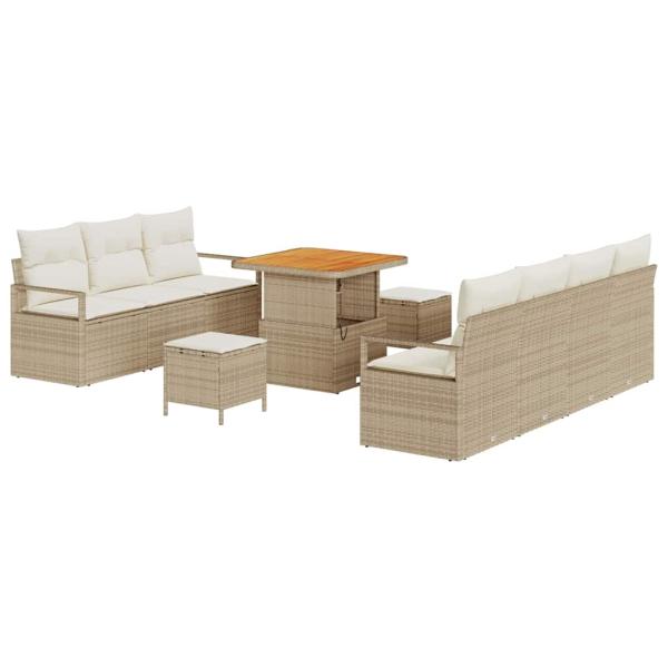 10-teiliges Garten-Sofa-Set mit Kissen Beige Poly-Rattan Akazie, 2-Sitzer Garten-Sofa mit Stauraum & Kissen Beige Poly-Rattan, 3-teiliges Garten-Dining-Set mit Kissen Beige Poly-Rattan Akazie