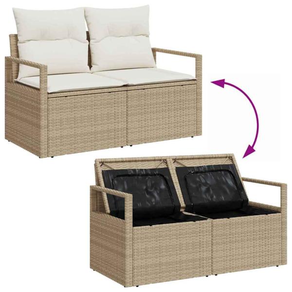 10-teiliges Garten-Sofa-Set mit Kissen Beige Poly-Rattan Akazie, 2-Sitzer Garten-Sofa mit Stauraum & Kissen Beige Poly-Rattan, 3-teiliges Garten-Dining-Set mit Kissen Beige Poly-Rattan Akazie