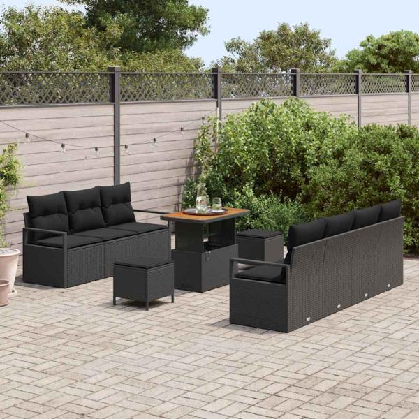 10-teiliges Garten Sofa Set mit Kissen Schwarz Poly Rattan Akazie, 2-Sitzer Garten Sofa mit Stauraum & Kissen Schwarz Poly Rattan, 3-teiliges Garten Essenset mit Kissen Schwarz Poly Rattan Akazie