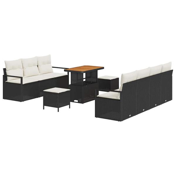 10-teiliges Garten-Sofa-Set mit Kissen Schwarz Poly-Rattan Akazie, 2-Sitzer-Garten-Sofa mit Stauraum & Kissen Schwarz Poly-Rattan, 3-teiliges Garten-Esszimmer-Set mit Kissen Schwarz Poly-Rattan Akazie