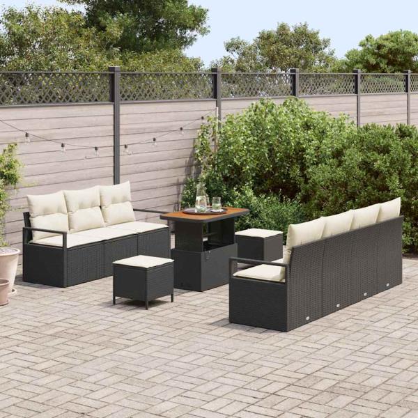 10-teiliges Garten-Sofa-Set mit Kissen Schwarz Poly-Rattan Akazie, 2-Sitzer-Garten-Sofa mit Stauraum & Kissen Schwarz Poly-Rattan, 3-teiliges Garten-Esszimmer-Set mit Kissen Schwarz Poly-Rattan Akazie
