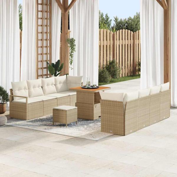 ARDEBO.de - 11-teiliges Garten Sofa Set mit Kissen Beige Poly Rattan Akazie, 2-Sitzer Garten Sofa mit Stauraum & Kissen Beige Poly Rattan, 3-teiliges Garten Ess Set mit Kissen Beige Poly Rattan Akazie