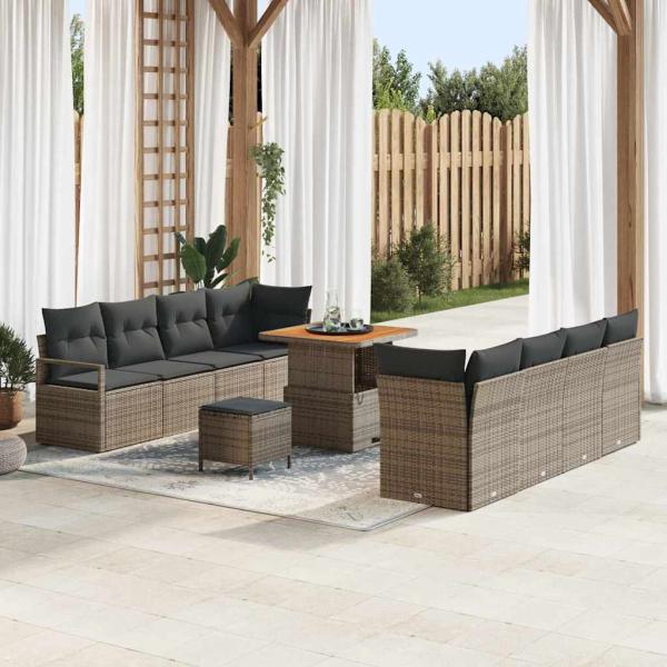 ARDEBO.de - 11-teiliges Garten Sofa Set mit Kissen Grau Poly-Rattan Akazie, 2-Sitzer Garten Sofa mit Stauraum & Kissen Grau Poly-Rattan, 3-teiliges Garten Dining Set mit Kissen Grau Poly-Rattan Akazie