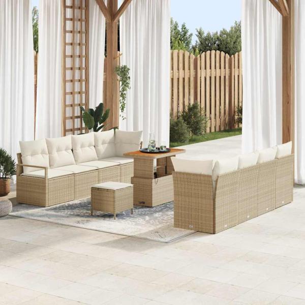 ARDEBO.de - 11-teiliges Garten-Sofa-Set mit Kissen Beige Poly-Rattan Akazie, 2-Sitzer Garten-Sofa mit Stauraum & Kissen Beige Poly-Rattan, 3-teiliges Garten-Ess-Set mit Kissen Beige Poly-Rattan Akazie