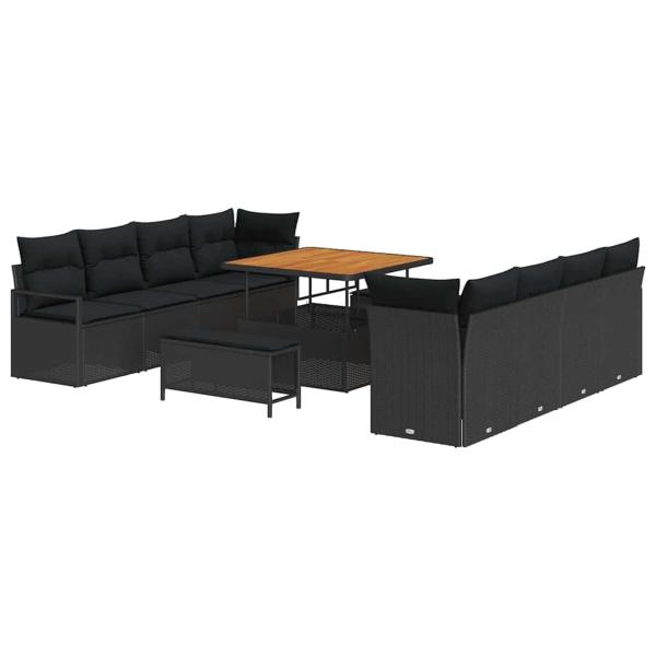 11-teiliges Garten-Sofa-Set mit Kissen Schwarz Poly Rattan Akazie, 2-Sitzer Garten-Sofa mit Stauraum & Kissen Schwarz Poly Rattan, 3-teilige Garten-Essgruppe mit Kissen Schwarz Poly Rattan Akazie
