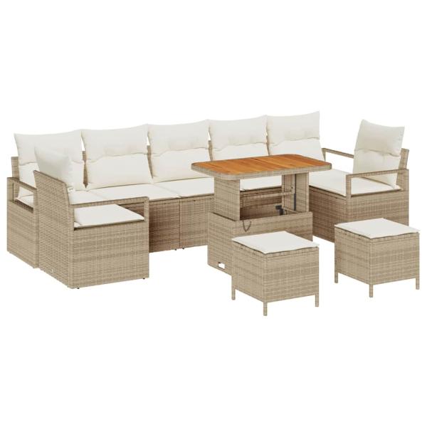 10-teiliges Garten Sofa Set mit Kissen Beige Poly Rattan Akazie, 2-Sitzer Garten Sofa mit Stauraum & Kissen Beige Poly Rattan, 3-teiliges Garten Essenset mit Kissen Beige Poly Rattan Akazie