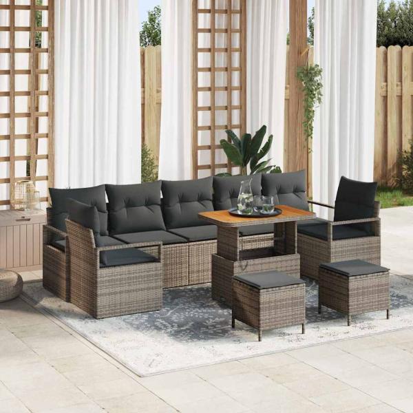 ARDEBO.de - 10-teiliges Garten Sofaset mit Kissen Graues Poly Rattan Akazie, 2-Sitzer Garten Sofa mit Stauraum & Kissen Graues Poly Rattan, 3-teiliges Garten Essset mit Kissen Graues Poly Rattan Akazie