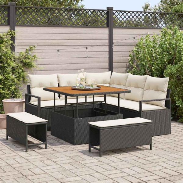 ARDEBO.de - 8-teiliges Garten-Sofa-Set mit Kissen in Schwarz Poly-Rattan Akazie, 2-Sitzer Garten-Sofa mit Stauraum & Kissen Schwarz Poly-Rattan, 3-teiliges Garten-Dining-Set mit Kissen Schwarz Poly-Rattan Akazie