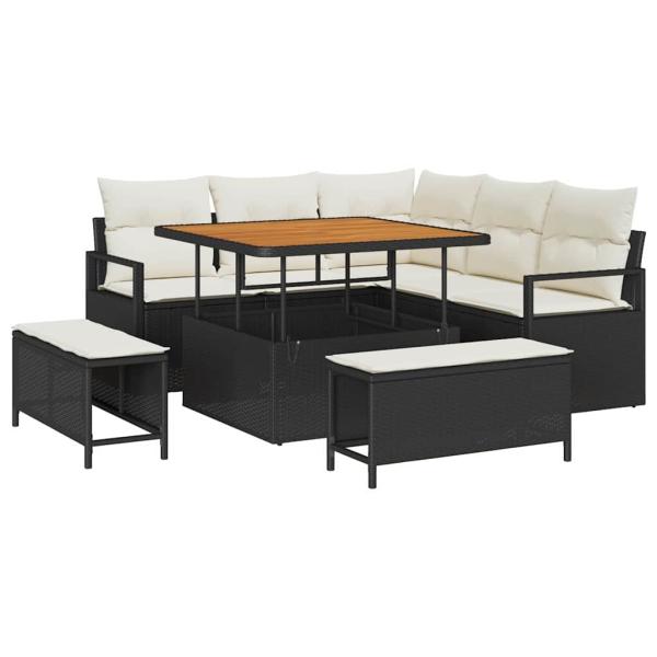 8-teiliges Garten-Sofa-Set mit Kissen in Schwarz Poly-Rattan Akazie, 2-Sitzer Garten-Sofa mit Stauraum & Kissen Schwarz Poly-Rattan, 3-teiliges Garten-Dining-Set mit Kissen Schwarz Poly-Rattan Akazie