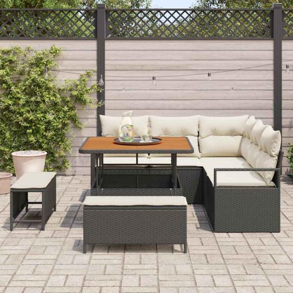 8-teiliges Garten-Sofa-Set mit Kissen in Schwarz Poly-Rattan Akazie, 2-Sitzer Garten-Sofa mit Stauraum & Kissen Schwarz Poly-Rattan, 3-teiliges Garten-Dining-Set mit Kissen Schwarz Poly-Rattan Akazie