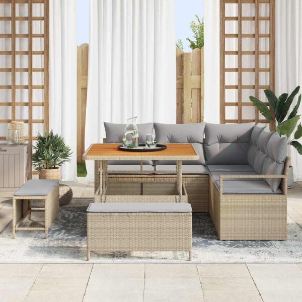 8-teiliges Garten-Sofa-Set mit Kissen Beige Poly-Rattan Akazie, 2-Sitzer Garten-Sofa mit Stauraum & Kissen Beige Poly-Rattan, 3-teiliges Garten-Dining-Set mit Kissen Beige Poly-Rattan Akazie