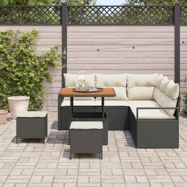 8-teiliges Garten-Sofa-Set mit Kissen - Schwarz Poly-Rattan Akazie, 2-Sitzer Garten-Sofa mit Stauraum & Kissen - Schwarz Poly-Rattan, 3-teiliges Garten-Ess-Set mit Kissen - Schwarz Poly-Rattan Akazie
