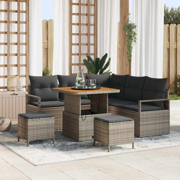 ARDEBO.de - 8-teiliges Garten Sofa Set mit Kissen Grau Poly Rattan Akazie, 2-Sitzer Garten Sofa mit Stauraum & Kissen Grau Poly Rattan, 3-teiliges Garten Esstisch Set mit Kissen Grau Poly Rattan Akazie