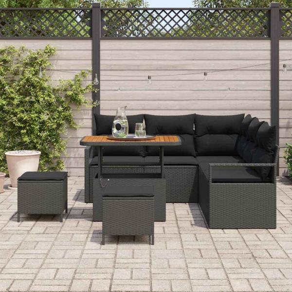 8-teiliges Garten Sofa Set mit Kissen Schwarz Poly Rattan Akazie, 2-Sitzer Garten Sofa mit Stauraum & Kissen Schwarz Poly Rattan, 3-teiliges Garten Essset mit Kissen Schwarz Poly Rattan Akazie