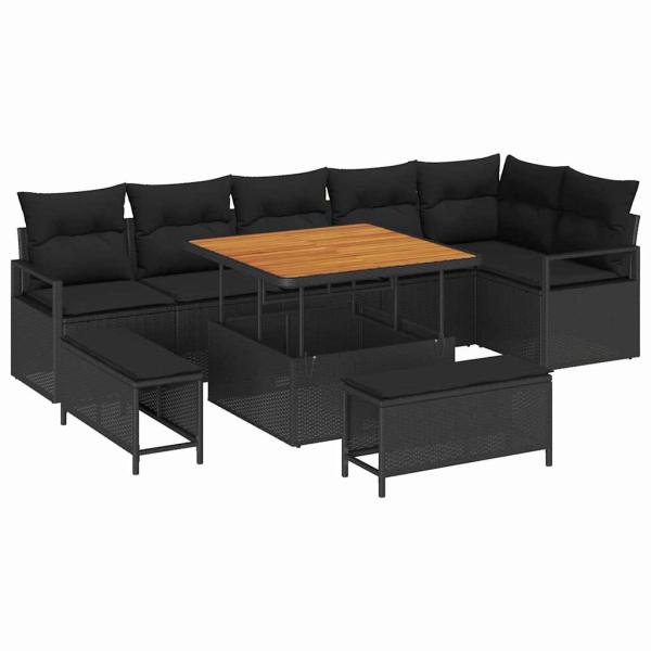ARDEBO.de - 9-teiliges Garten Sofa Set mit Kissen Schwarz Poly Rattan Akazie, 2-Sitzer Garten Sofa mit Stauraum & Kissen Schwarz Poly Rattan, 3-teiliges Garten Essset mit Kissen Schwarz Poly Rattan Akazie