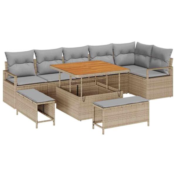 9-teiliges Garten Sofa Set mit Kissen Beige Poly Rattan Akazie, 2-Sitzer Garten Sofa mit Stauraum & Kissen Beige Poly Rattan, 3-teiliges Garten Ess-Set mit Kissen Beige Poly Rattan Akazie