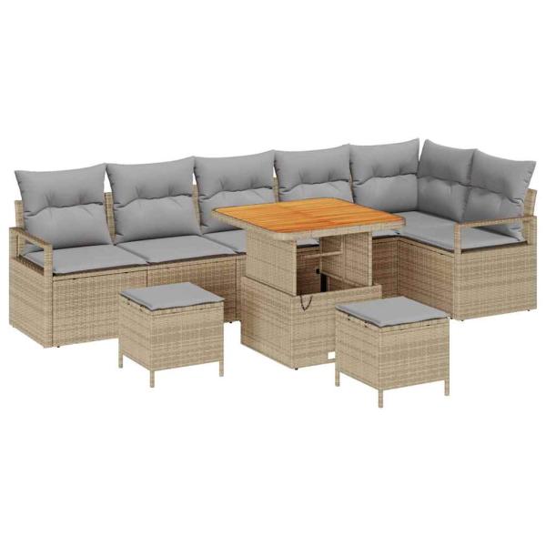 9-teiliges Garten Sofa Set mit Kissen Beige Poly Rattan Akazie, 2-Sitzer Garten Sofa mit Stauraum & Kissen Beige Poly Rattan, 3-teiliges Garten Esszimmer Set mit Kissen Beige Poly Rattan Akazie