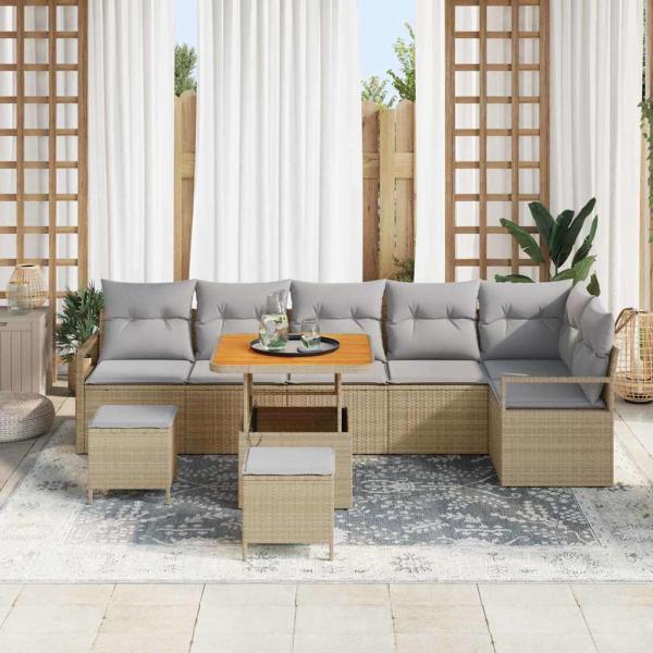 9-teiliges Garten Sofa Set mit Kissen Beige Poly Rattan Akazie, 2-Sitzer Garten Sofa mit Stauraum & Kissen Beige Poly Rattan, 3-teiliges Garten Esszimmer Set mit Kissen Beige Poly Rattan Akazie