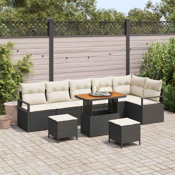 ARDEBO.de - 9-teiliges Garten Sofa Set mit Kissen Schwarz Poly Rattan Akazie, 2-Sitzer Garten Sofa mit Stauraum & Kissen Schwarz Poly Rattan, 3-teiliges Garten Esstisch Set mit Kissen Schwarz Poly Rattan Akazie