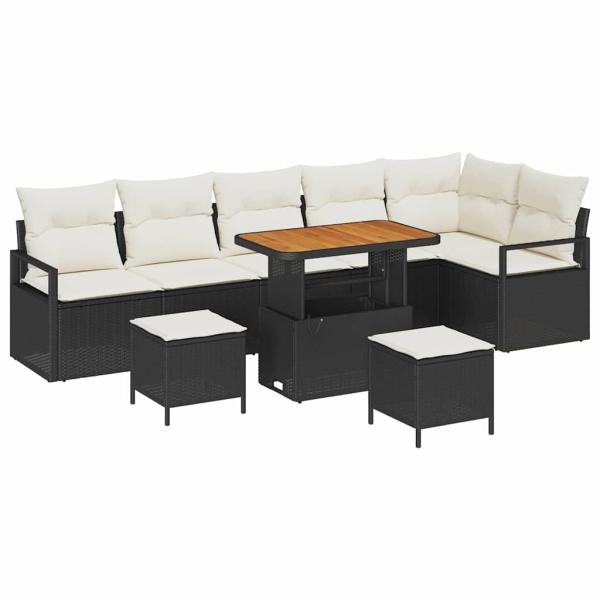 9-teiliges Garten Sofa Set mit Kissen Schwarz Poly Rattan Akazie, 2-Sitzer Garten Sofa mit Stauraum & Kissen Schwarz Poly Rattan, 3-teiliges Garten Esstisch Set mit Kissen Schwarz Poly Rattan Akazie