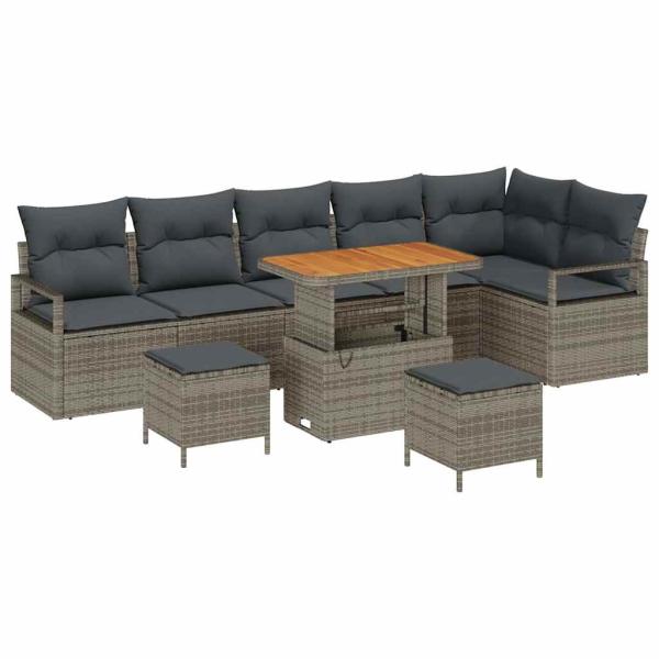 9-teiliges Garten Sofa Set mit Kissen Grau Poly Rattan Akazie, 2-Sitzer Garten Sofa mit Stauraum & Kissen Grau Poly Rattan, 3-teiliges Garten Essset mit Kissen Grau Poly Rattan Akazie