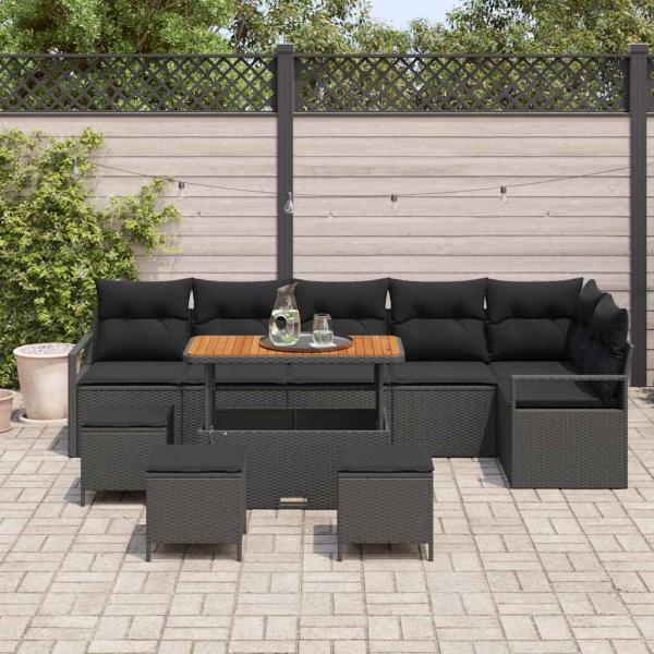 10-teiliges Garten-Sofaset mit Kissen Schwarz Poly-Rattan Akazie, 2-Sitzer Garten-Sofa mit Stauraum & Kissen Schwarz Poly-Rattan, 4-teiliges Garten-Dining-Set mit Kissen Schwarz Poly-Rattan Akazie