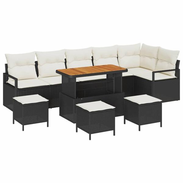 10-teiliges Garten-Sofa-Set mit Kissen Schwarz Poly Rattan Akazie, 2-Sitzer Garten-Sofa mit Stauraum & Kissen Schwarz Poly Rattan, 4-teiliges Garten-Ess-Set mit Kissen Schwarz Poly Rattan Akazie