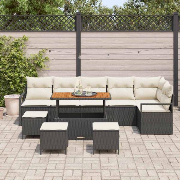 10-teiliges Garten-Sofa-Set mit Kissen Schwarz Poly Rattan Akazie, 2-Sitzer Garten-Sofa mit Stauraum & Kissen Schwarz Poly Rattan, 4-teiliges Garten-Ess-Set mit Kissen Schwarz Poly Rattan Akazie