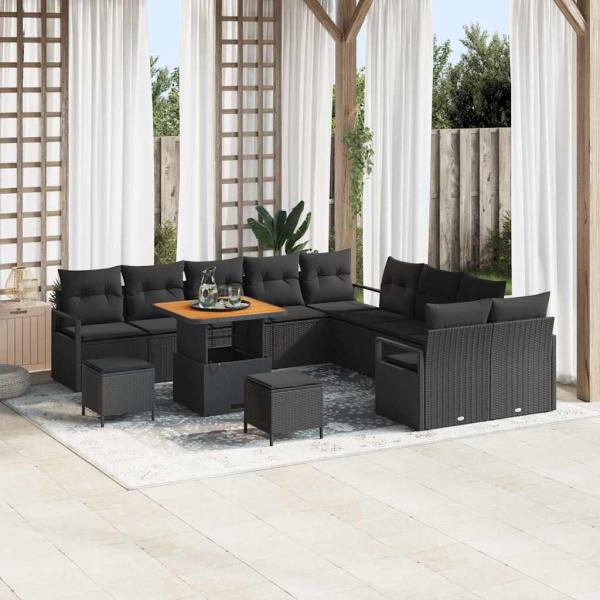ARDEBO.de - 13-teiliges Garten-Sofa-Set mit Kissen Schwarz Poly Rattan Akazie, 2-Sitzer Garten-Sofa mit Stauraum & Kissen Schwarz Poly Rattan, 3-teiliges Garten-Ess-Set mit Kissen Schwarz Poly Rattan Akazie