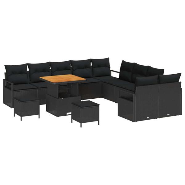 13-teiliges Garten-Sofa-Set mit Kissen Schwarz Poly Rattan Akazie, 2-Sitzer Garten-Sofa mit Stauraum & Kissen Schwarz Poly Rattan, 3-teiliges Garten-Ess-Set mit Kissen Schwarz Poly Rattan Akazie