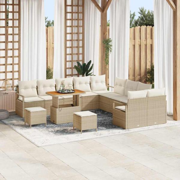 ARDEBO.de - 13 teiliges Garten Sofa Set mit Kissen Beige Poly Rattan Akazie, 2-Sitzer Garten Sofa mit Stauraum & Kissen Beige Poly Rattan, 3 teiliges Garten Esszimmer Set mit Kissen Beige Poly Rattan Akazie