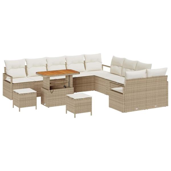 13 teiliges Garten Sofa Set mit Kissen Beige Poly Rattan Akazie, 2-Sitzer Garten Sofa mit Stauraum & Kissen Beige Poly Rattan, 3 teiliges Garten Esszimmer Set mit Kissen Beige Poly Rattan Akazie