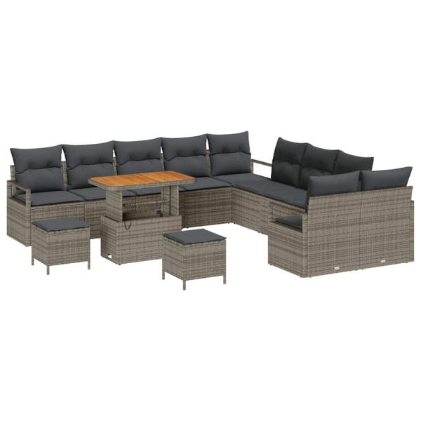 13-teiliges Garten-Sofa-Set mit Kissen Grau Poly-Rattan Akazie, 2-Sitzer Garten-Sofa mit Stauraum & Kissen Grau Poly-Rattan, 3-teiliges Garten-Dining-Set mit Kissen Grau Poly-Rattan Akazie