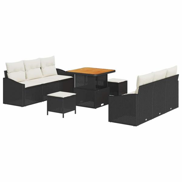 9-teiliges Garten Sofa Set mit Kissen Schwarz Poly Rattan Akazie, 2-Sitzer Garten Sofa mit Stauraum & Kissen Schwarz Poly Rattan, 3-teiliges Garten Ess-Set mit Kissen Schwarz Poly Rattan Akazie