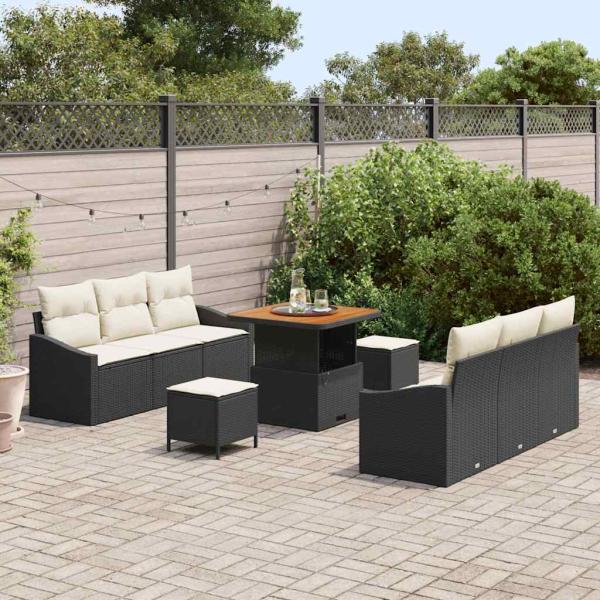 9-teiliges Garten Sofa Set mit Kissen Schwarz Poly Rattan Akazie, 2-Sitzer Garten Sofa mit Stauraum & Kissen Schwarz Poly Rattan, 3-teiliges Garten Ess-Set mit Kissen Schwarz Poly Rattan Akazie