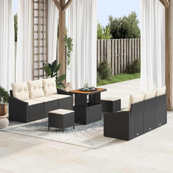 ARDEBO.de - 9-teiliges Garten-Sofa-Set mit Kissen Schwarz Poly Rattan Akazie, 2-Sitzer Garten-Sofa mit Stauraum & Kissen Schwarz Poly Rattan, 3-teiliges Garten-Dining-Set mit Kissen Schwarz Poly Rattan Akazie