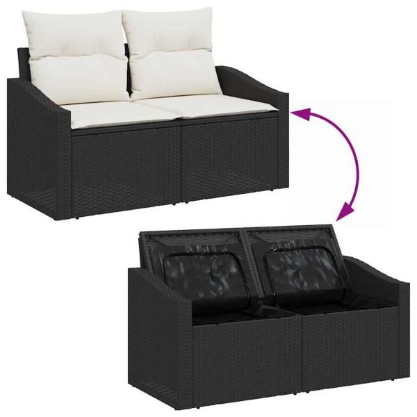 10-teiliges Garten Sofa Set mit Kissen Schwarz Poly Rattan Akazie, 2-Sitzer Garten Sofa mit Stauraum & Kissen Schwarz Poly Rattan, 3-teiliges Garten Esstisch Set mit Kissen Schwarz Poly Rattan Akazie