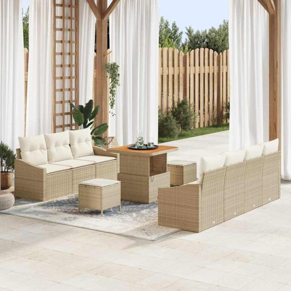 ARDEBO.de - 10-teiliges Garten-Sofa-Set mit Kissen Beige Poly-Rattan Akazie, 2-Sitzer Garten-Sofa mit Stauraum & Kissen Beige Poly-Rattan, 3-teiliges Garten-Essbereich-Set mit Kissen Beige Poly-Rattan Akazie
