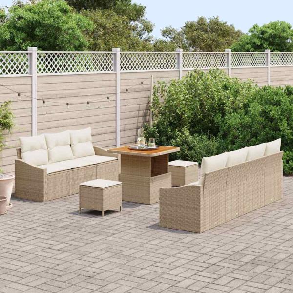 10-teiliges Garten-Sofa-Set mit Kissen Beige Poly-Rattan Akazie, 2-Sitzer Garten-Sofa mit Stauraum & Kissen Beige Poly-Rattan, 3-teiliges Garten-Essbereich-Set mit Kissen Beige Poly-Rattan Akazie