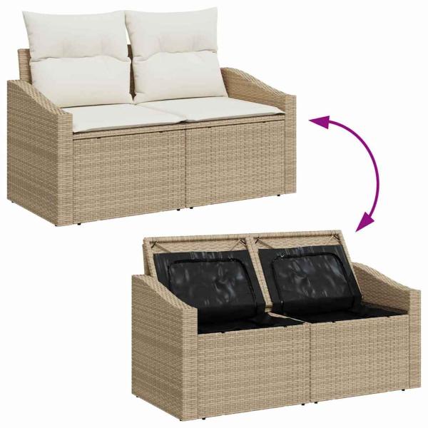 10-teiliges Garten-Sofa-Set mit Kissen Beige Poly-Rattan Akazie, 2-Sitzer Garten-Sofa mit Stauraum & Kissen Beige Poly-Rattan, 3-teiliges Garten-Essbereich-Set mit Kissen Beige Poly-Rattan Akazie