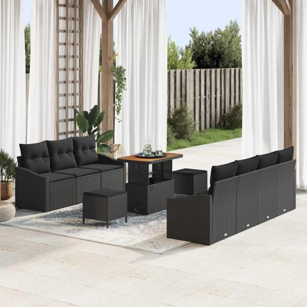 ARDEBO.de - 10-teiliges Garten-Sofa-Set mit Kissen Schwarz Poly-Rattan Akazie, 2-Sitzer-Garten-Sofa mit Stauraum und Kissen Schwarz Poly-Rattan, 3-teiliges Garten-Dining-Set mit Kissen Schwarz Poly-Rattan Akazie