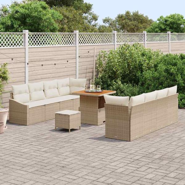 11-teiliges Garten-Sofa-Set mit Kissen Beige Poly Rattan Akazie, 2-Sitzer Garten-Sofa mit Stauraum & Kissen Beige Poly Rattan, 3-teiliges Garten-Ess-Set mit Kissen Beige Poly Rattan Akazie