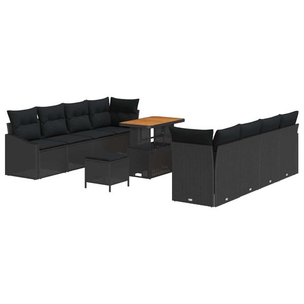 11-teiliges Garten-Sofa-Set mit Kissen Schwarz Poly Rattan Akazie, 2-Sitzer Garten-Sofa mit Stauraum & Kissen Schwarz Poly Rattan, 3-teiliges Garten-Ess-Set mit Kissen Schwarz Poly Rattan Akazie