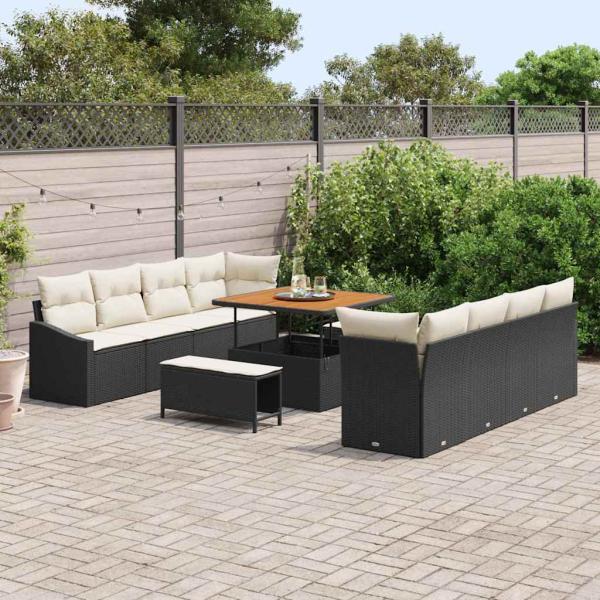 11-teiliges Garten Sofa Set mit Kissen Schwarz Poly Rattan Akazie, 2-Sitzer Garten Sofa mit Stauraum & Kissen Schwarz Poly Rattan, 3-teiliges Garten Ess-Set mit Kissen Schwarz Poly Rattan Akazie